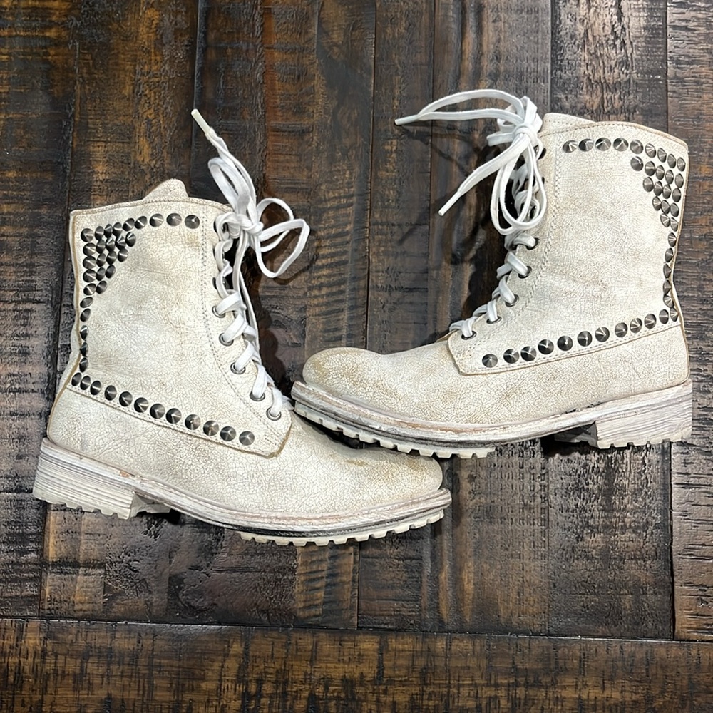 Ash Brand Boots White Distressed Leather studded boots combat boots lace up EUC
